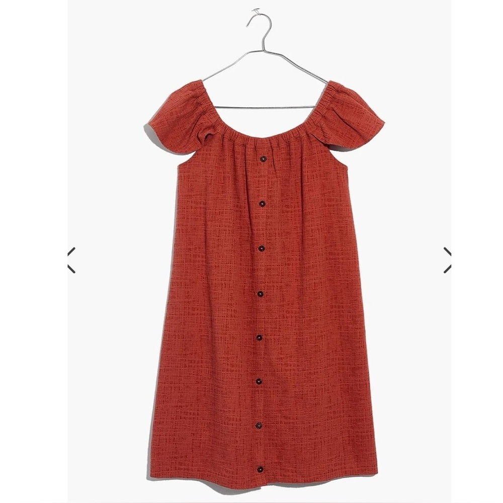 Madewell. Texture & Thread, Off-Shoulder, Rust Button Front Mini Dress. Small